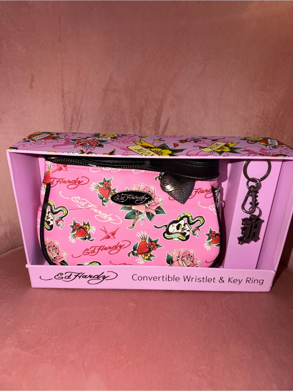 Ed Hardy Pink Tattoo-Print Convertible Wristlet with Key Ring